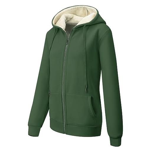 MOVE BEYOND giubbotto felpa da donna con cappuccio foderato in pile caldo giacca invernale a maniche lunghe con zip hoodie casual monocolore, verde, l