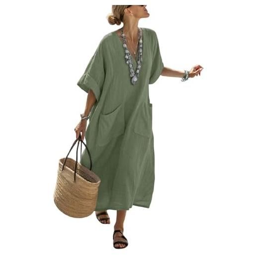 Generico abito lungo estivo donna lino elegante vestito boho chic vintage cerimonia maxi vestiti cotone e lino comoda scollo a v prendisole mare spiaggia vacanza traspirante abbigliamento con taschen (a08, l)
