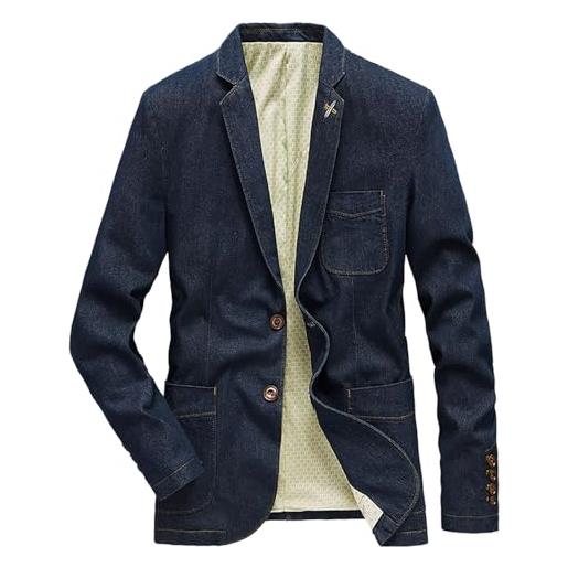 Generisch blazer, giacca sportiva da uomo, slim fit, in jeans, vestibilità normale, casual, da lavoro, con 2 bottoni, stile retrò, classico, con tasche multiple in denim, blu marino, 4xl