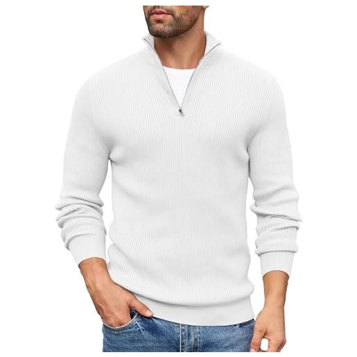 COOFANDY maglione uomo invernale con zip maglione uomo a maglia con zip 1/4 morbido pullover dolcevita classico maglioni invernali regular fit con collo alto bianco s