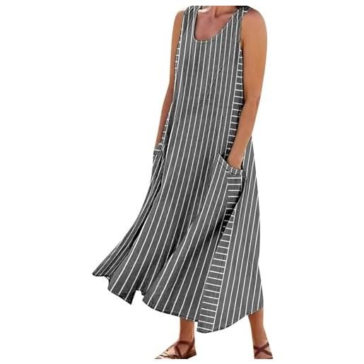 aokavise vestito donna lungo a righe, abito smanicato in cotone lino con tasche, scollo rotondo, linea ampia casual estiva, prendisole maxi mare vacanza