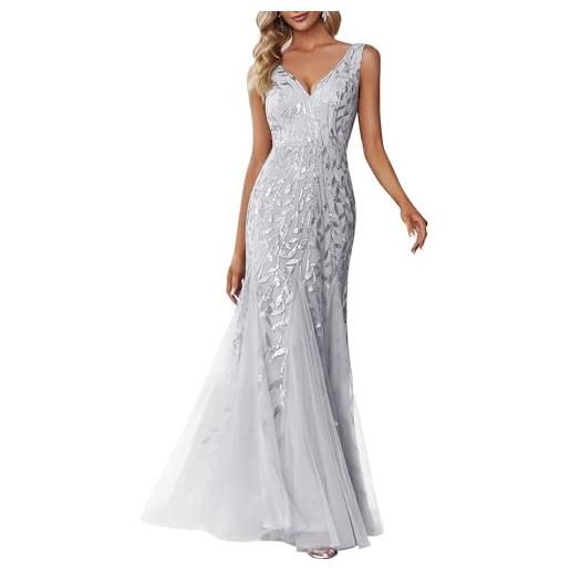 Ever-Pretty abito da ballo donna sirena paillettes tulle petto basso scollo a v senza maniche stile impero argento 54