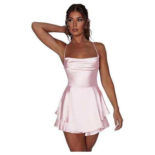 Odizli abito estivo da donna, sexy, con spalline sottili, senza schiena, in raso, per feste, mini abito, colore: rosa. , s