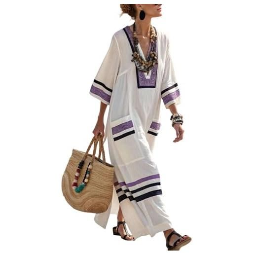 Generico abito lungo estivo donna lino elegante vestito boho chic vintage cerimonia maxi vestiti cotone e lino comoda scollo a v prendisole mare spiaggia vacanza traspirante abbigliamento con taschen (a26,3xl)