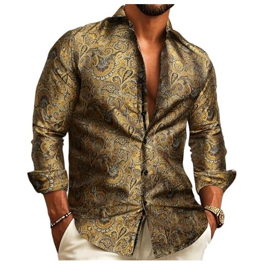 Barry.Wang camicie da uomo paisley tessuto fiore seta camicie francese polsino moda tempo libero senza rughe, gold and grey, xl