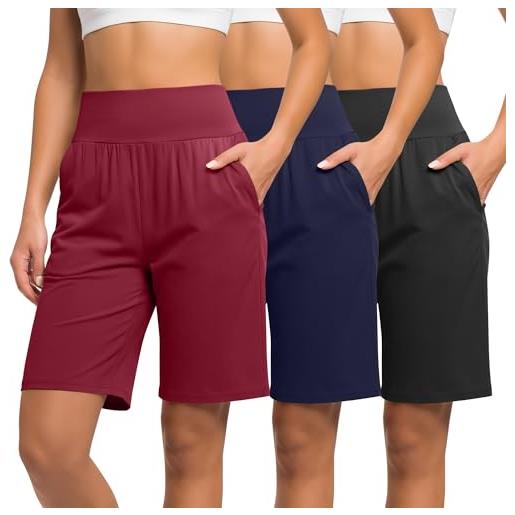 Neer confezione da 3 bermuda da donna, a vita alta, elasticizzati, casual, lunghezza al ginocchio, estivi, atletici, con tasche, l