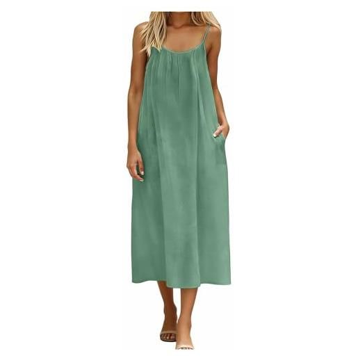 Generic abito estivo da donna, casual, senza maniche, maxi abito da casa, con spalline sottili, lungo e fluido, da spiaggia, verde, xxl