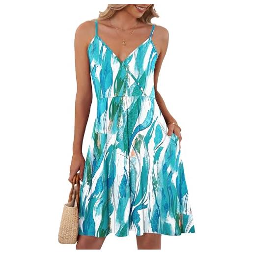 AUSELILY elegante abito estivo con cinturino a spaghetti donna senza maniche abito con tasche botanico blu marino xl