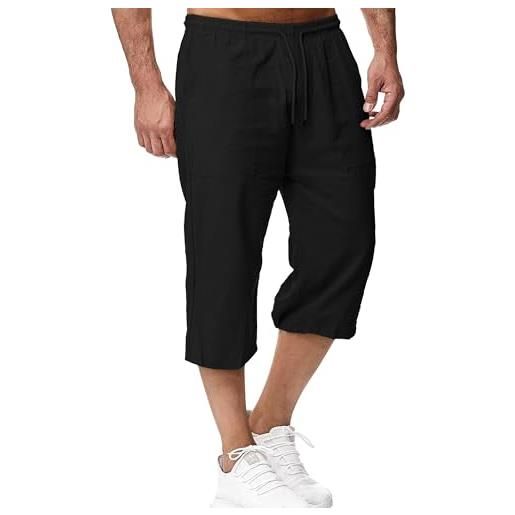 LVCBL pantaloni uomo casual 3/4 in lino cotone leggeri per tempo libero nero 3xl