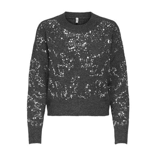 ONLY neck knt onlalta ls sequin-maglia a girocollo, grigio scuro mélange, l donna