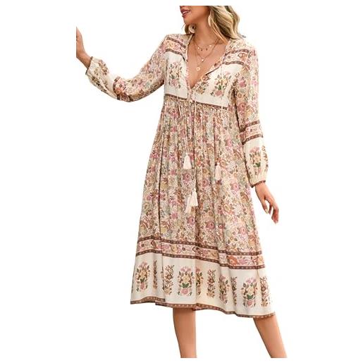 R.Vivimos donne eleganti casual bohemian print neck tie maniche lunghe abito da spiaggia lungo midi vestito vacanze