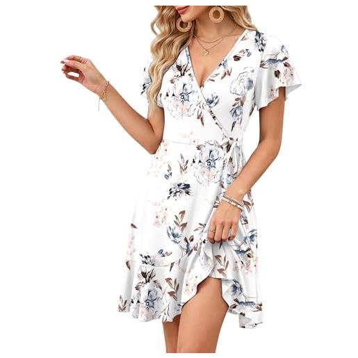 WNEEDU vestito donna estivo scollo a v maniche corte abito a portafoglio elegante vita alta abiti da spiaggia leggero arioso abito casual con tasche fiore bianco xl