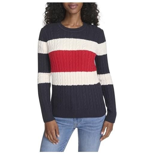 Tommy Hilfiger cotton crewneck cable sweater pullover, sky captain multi colorblock, m donna