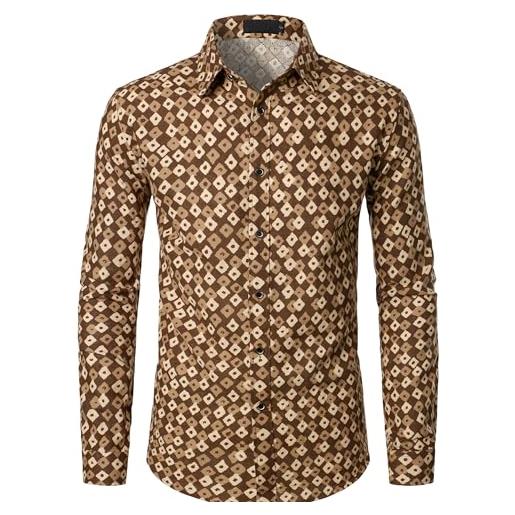 PARKLEES - camicia da uomo in lino e cotone stile disco anni 70, modello retrò, stampa tradizionale, a maniche lunghe con bottoni, caffè, xl