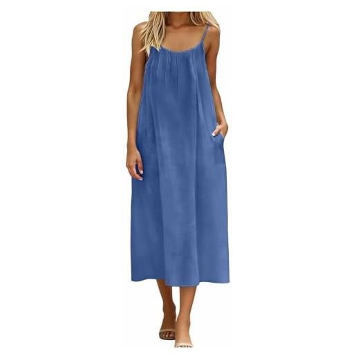 Generic abito estivo da donna, casual, senza maniche, maxi abito da casa, con spalline sottili, lungo e fluido, da spiaggia, blu, xl