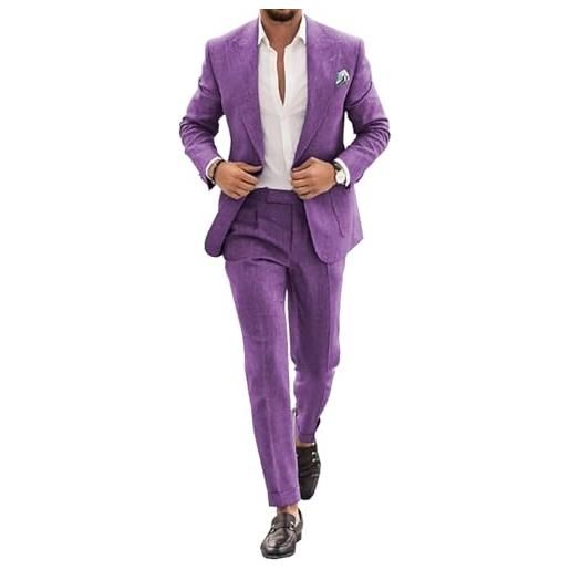 Leader of the Beauty completo da uomo in lino, stile casual, 2 pezzi, vestibilità regolare, blazer con un bottone, giacca e pantaloni per ballo di fine anno e festa di nozze, viola, 62