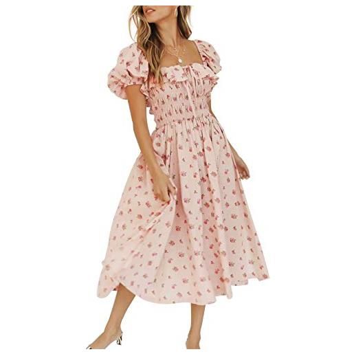 R.Vivimos donna casual a-line stampa collo quadrato abito manica a sbuffo orlo alto vita midi vestito fitted abito vocazione(l, rosa)
