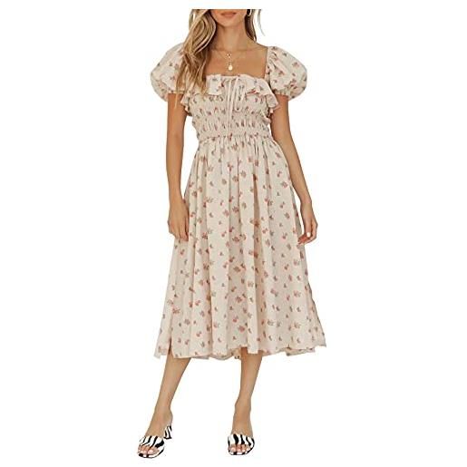 R.Vivimos donna casual a-line stampa collo quadrato abito manica a sbuffo orlo alto vita midi vestito fitted abito vocazione(l, beige)