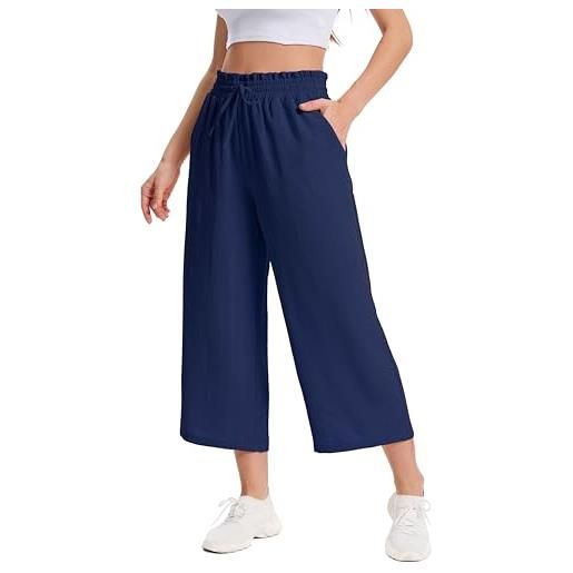 WUWUSKY pantaloni donna 7/8 estivi pantalone elastici in vita alta casual gamba larga leggeri palazzo pants comodi con tasche