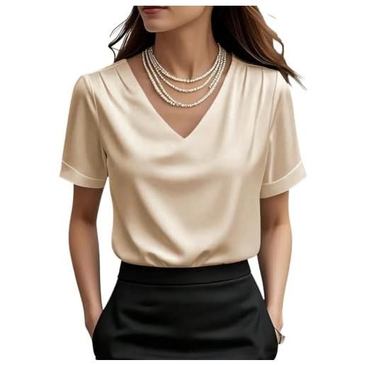 GORGLITTER maglietta da donna in raso, elegante, per ufficio, lavoro, estiva, a maniche corte, con scollo a v