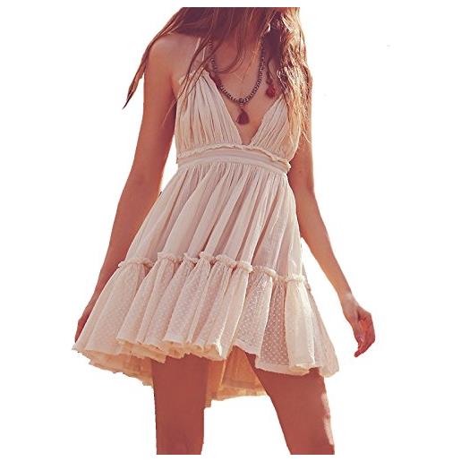 R.Vivimos vestito corto da donna estivo boho sexy profondo scollo a v senza maniche halter abito corto backless volant swing mini abito(l, beige)