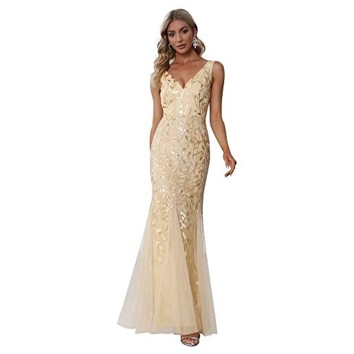Ever-Pretty abito da cerimonia donna sirena paillettes tulle petto basso scollo a v senza maniche stile impero oro 54
