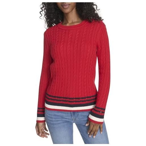 Tommy Hilfiger maglione da donna in cotone girocollo a trecce, scarlet multi, xs
