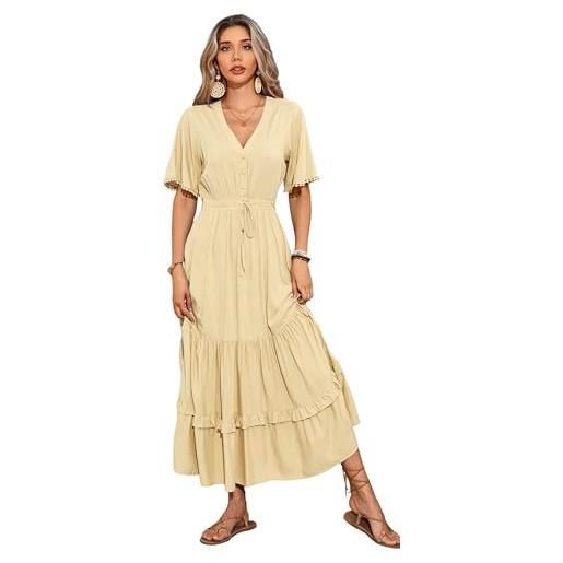 R.Vivimos abito boho estivo donna abito sexy scollo a v bottoni manica corta vestito elegante con volant orlo abito lungo maxi da spiaggia casual per le vacanze(s, light. Yellow)