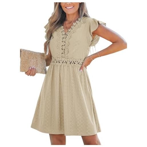 CUPSHE abito estivo da donna, casual, primaverile, scollo a v, con applicazioni in pizzo, maniche ad aletta, con dettagli traforati, mini abito da spiaggia, beige, m