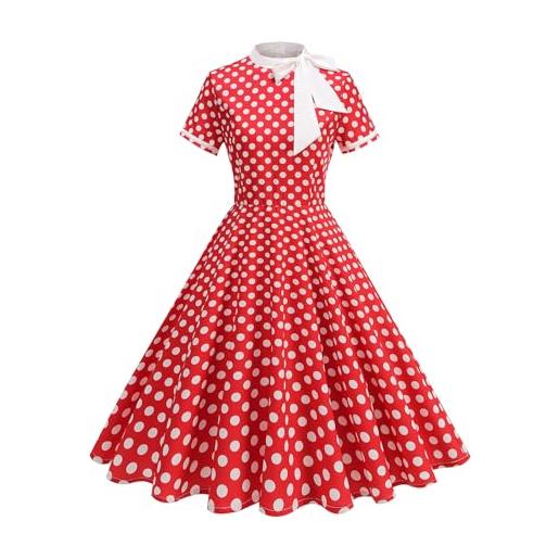Odizli abito da donna in stile anni '50, vintage, a pois, a maniche corte, con laccetto, abito da ballo midi retrò anni '50, rosso, s
