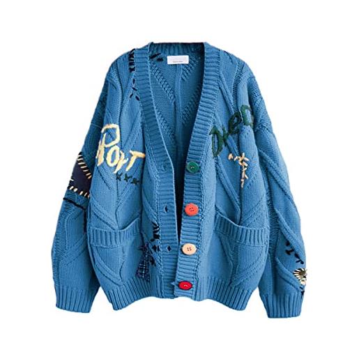 ebossy - cardigan da donna a maglia, a maniche lunghe, aperto sul davanti, con scollo a v, bottoni e ricami, in misto lana
