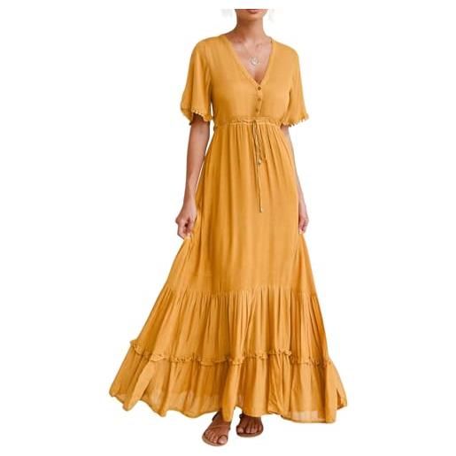 R.Vivimos abito boho estivo donna abito sexy scollo a v bottoni manica corta vestito elegante con volant orlo abito lungo maxi da spiaggia casual per le vacanze(m, zenzero)