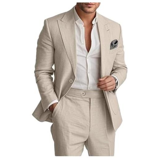 Botong completo da uomo in lino da 2 pezzi, leggero, blazer e pantaloni, set estivo da spiaggia per matrimoni, beige, 58