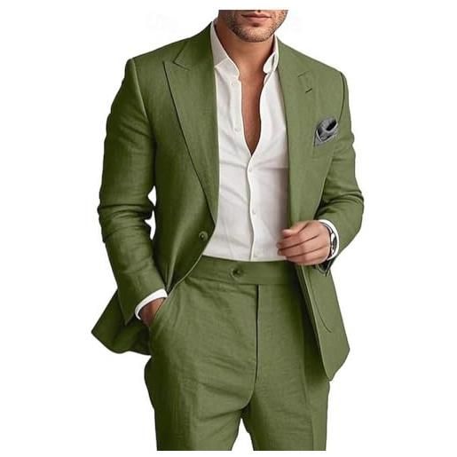 Botong completo da uomo in lino da 2 pezzi, leggero, blazer e pantaloni, set estivo da spiaggia per matrimoni, verde, 54
