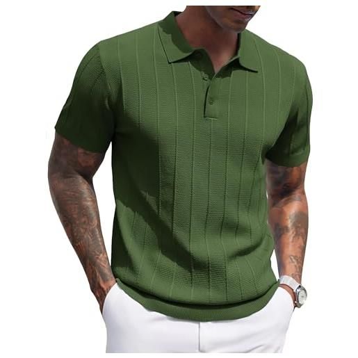 COOFANDY, polo da uomo, a maniche corte, estivi, casual, con bottoni, in maglia elasticizzata per golf, verde oliva, s