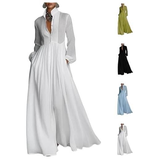 Generic maxi abito da donna minimalista, in cotone e lino, patchwork, monopetto, colletto alto, maniche lunghe, con tasche, bianco, xl