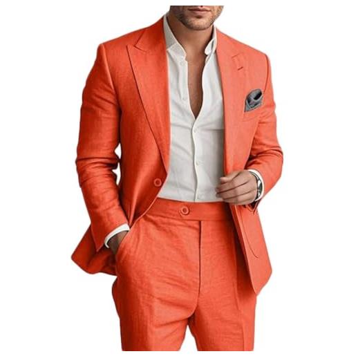 Botong completo da uomo in lino da 2 pezzi, leggero, blazer e pantaloni, set estivo da spiaggia per matrimoni, arancione, 52