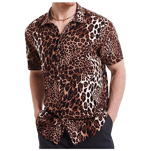 UPAAN camicia casual da uomo a maniche corte con stampa leopardata, marrone, xx-large
