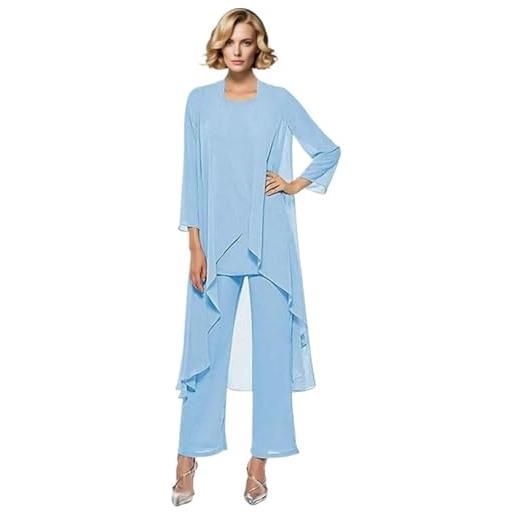 Leader of the Beauty abiti da madre della sposa per donna 3 pezzi in chiffon set completo lungo per madre della sposa con gilet, azzurro, 58