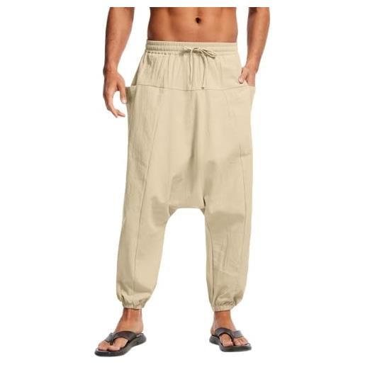 YAOBAOLE - pantaloni sarouel uomo in lino kirakuco, pantaloni taro uomo giapponese, baggy sarwell, cintura elastica, cachi. , m