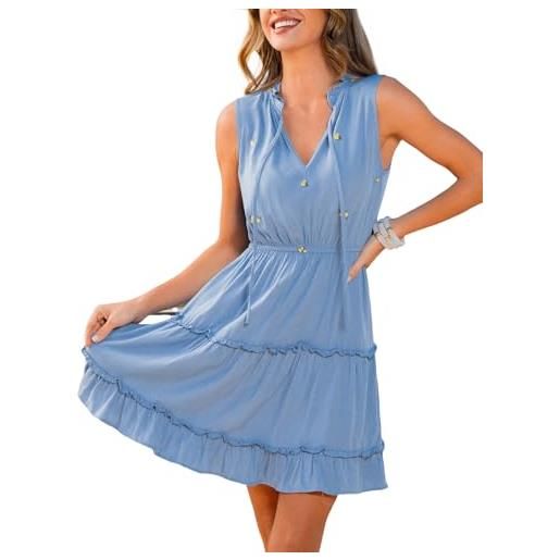 CUPSHE - abito estivo da donna, con scollo a farfalla, senza maniche, a balze con volant, a-line, tunica mini, blu, floreale, m