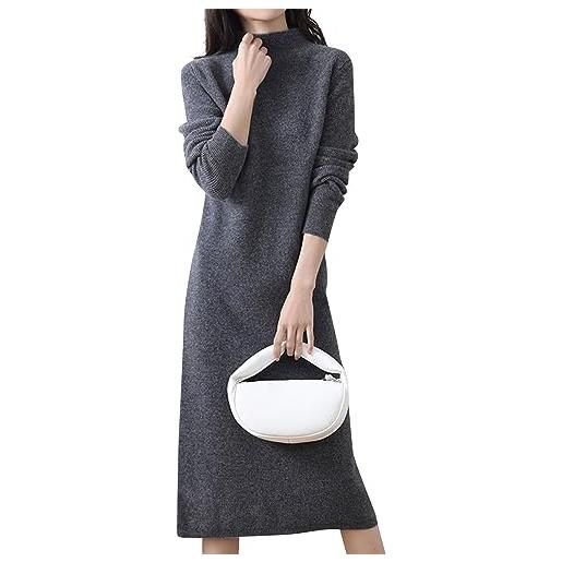 DOGZI abito maglione da donna a collo alto, casual, a maniche lunghe, a costine lavorato a maglia, elastico, aderente, mini abito maglione a18, grigio scuro, m