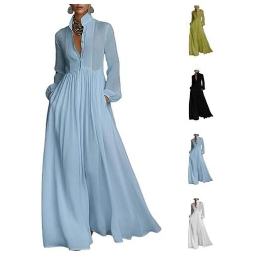 Generic maxi abito da donna minimalista, in cotone e lino, patchwork, monopetto, colletto alto, maniche lunghe, con tasche, blu, s