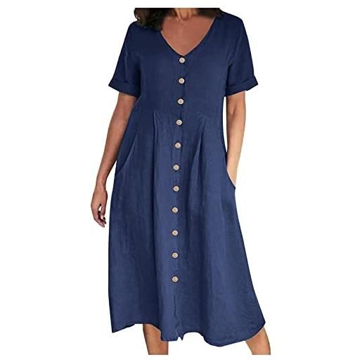 SMIDOW abito estivo da donna, casual, con scollo a v, a maniche corte, tinta unita, in cotone e lino, taglie forti