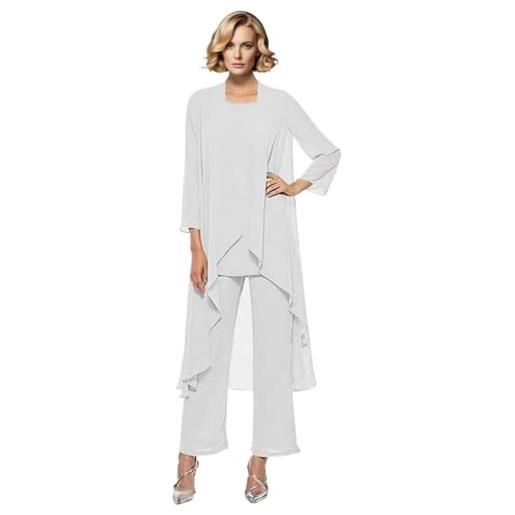 Leader of the Beauty abiti da madre della sposa per donna 3 pezzi in chiffon set lungo per madre della sposa con gilet, bianco, 50
