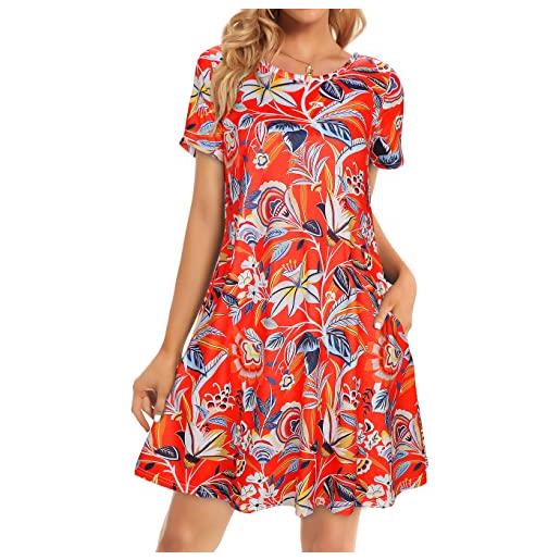 Elescat - abito da donna a maniche corte, stile swing, primavera, vestito casual boho con tasche, a maniche corte (rosso bohémien, taglia m)