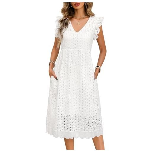 UMIPUBO vestiti estivi donna cotone scollo a v midi vestito senza maniche ruffles con tasche eleganti boho abito da spiaggia casual colori solidi abiti estivo (bianco, s)