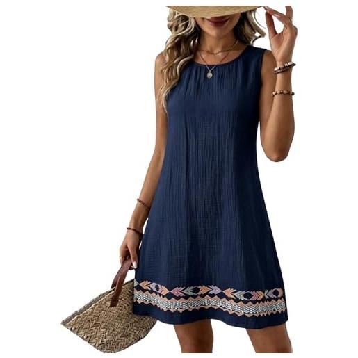 Generico vestiti estivi donna lino tinte unite senza maniche scollo rotondo - abbigliamento donna vestiti larghi semplice unico, summer dress viaggi vacanze marina m