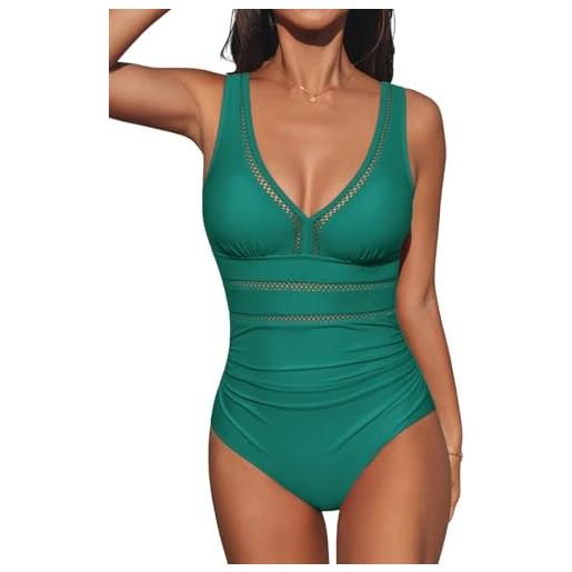 CUPSHE costume da bagno intero da donna, con scollo a v, spalline regolabili, increspato, gancio posteriore in rete, verde foglia di tè, m