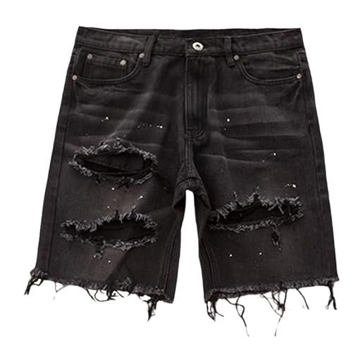 Generic pantaloncini da uomo strappati sfilacciati corti jeans invecchiati vestibilità classica pantaloncini in denim strappato stile street, nero , xxl